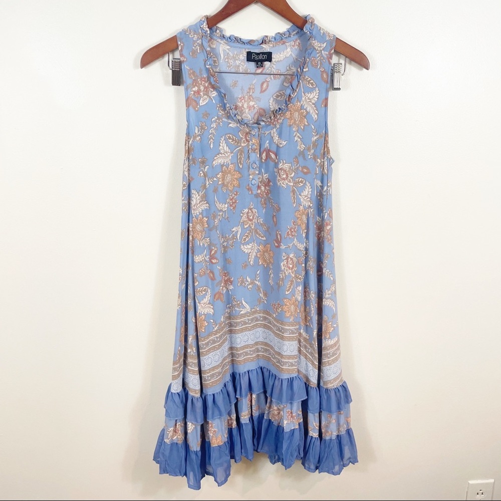 PAPILLON Floral Shift Ruffle Blue Dress XS Toile - Picture 1 of 5